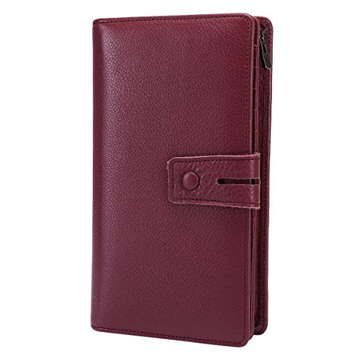 Itslife Womens Wallet,Large Capacity RFID Blocking Leather Wallets Credit Cards Organizer Ladies Wallet with Checkbook Holder - color: 1-Wine Red