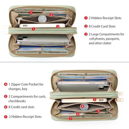 GOIACII Women's Wallet RFID Blocking Leather Wristlet | 2 Zip Around, Large Capacity, Credit Card Holder, Ladies Phone Clutch Purse - color: A09 Mint Green