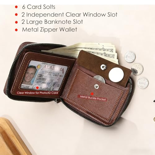 Men'S Slim Leather Bi-Fold Zipper Closure Coffee Front Coin Pocket Wallet | Coffee Brown Men Small Retro Zip Pu Wallet With 9 Card Slots Holder, 2 Id Clear Windows, Durable Stitching, Gift Box Included - size: Zipper Wallet