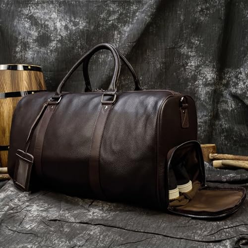 Leather Travel Bag Large Capacity Luggage Duffel Bag with Shoe Compartment, Men Women Weekend Shoulder Handbag for Holiday Business Trip (55cm-Brown) - color: 55cm-Brown