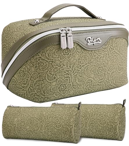 BOYATU Travel Makeup Bags Cosmetic Organizer Bag: 3 Pcs Set Large Capacity Make up Bag with Compartments - Waterproof Leather Toiletry Bags with Handle for Women (A-Green) - color: A-Green