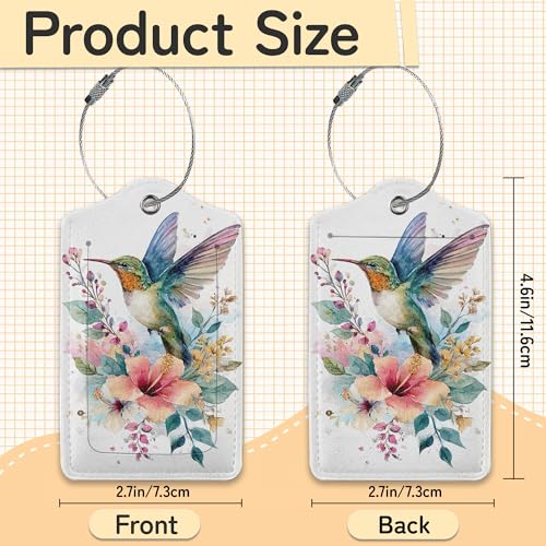 Hummingbird Flowers 3 Pack Luggage Tags for Suitcases, Cute Leather Name Tag with Privacy Cover with Stainless Steel Loops, Travel ID Bag Tags for Women Men - color: Hummingbird Flowers