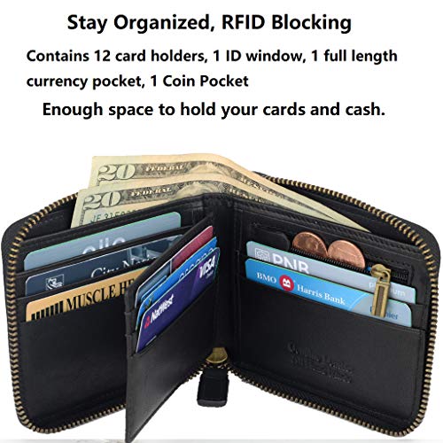 Genuine Leather Zipper Wallet With Coin Pocket, RFID Blocking Zip Around Front Pocket Bifold Wallet, Gift for Men - color: Black