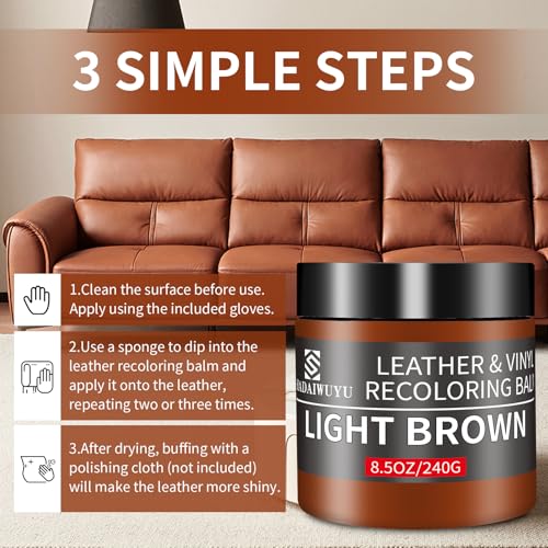 Leather Recoloring Balm,8.5oz Leather Color Restorer,Light Brown Leather Repair kit for Furniture and Car Interior,Leather Couch Scratch Repair,Leather Dye Paint for Faded,Cracked and Damaged Leather - color: Light Brown, size: Leather Recoloring Balm