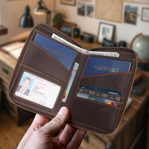Polare Full Grain Leather Dual Passport Wallet and RFID Blocking Bifold Passport Cover Travel Document Organizer Holder 2 Passports (Dark Brown)