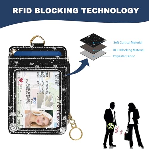 Slim Wallet Credit Card Holder, Skeletons and Flowers, RFID Wallet Women Cute Small Front Pocket Wallet With Zipper, PU Leather Thin travel RFID Blocking Card Case ID Window,Ladies Gifts - color: Skeletons and Flowers