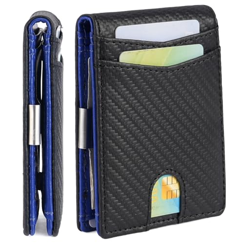 FALAN MULE Mens Wallet with Money Clip RFID Blocking Minimalist Front Pocket Wallets for Men Slim Bifold Card Holder - color: Oa-Black with blue