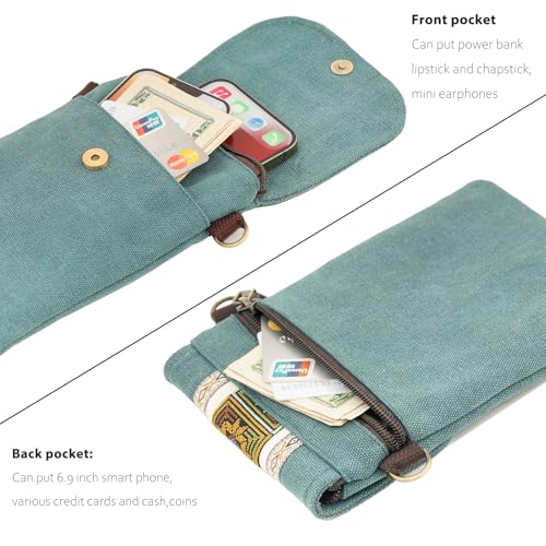 SILKAREA Vintage Embroidered Canvas Flip Small Crossbody Bag Cell Phone Pouch for Women Wristlet Wallet Bag Coin Purse - color: Pine Green