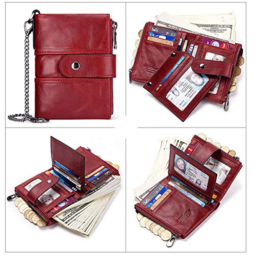 boshiho Genuine Leather Bifold Chain Wallet for Men RFID Blocking - color: Red