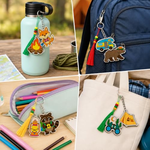 Cinrobiye 24 Set Camping Party Favors Camp Keychain Craft Kits Bulk Happy Camper Wooden Paint Keychains with Colored Pens for Outdoor Adventure Birthday Party Supplies Summer Home School Art Activity - style: Camper