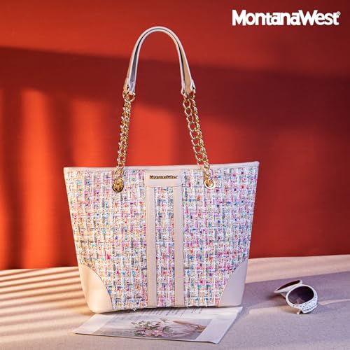 Montana West MEDIUM Tote Bag for Women Quilted Chain Handbags Shoulder Purse - color: M Beige