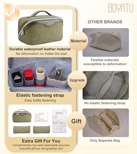 BOYATU Travel Makeup Bags Cosmetic Organizer Bag: 3 Pcs Set Large Capacity Make up Bag with Compartments - Waterproof Leather Toiletry Bags with Handle for Women (A-Green) - color: A-Green