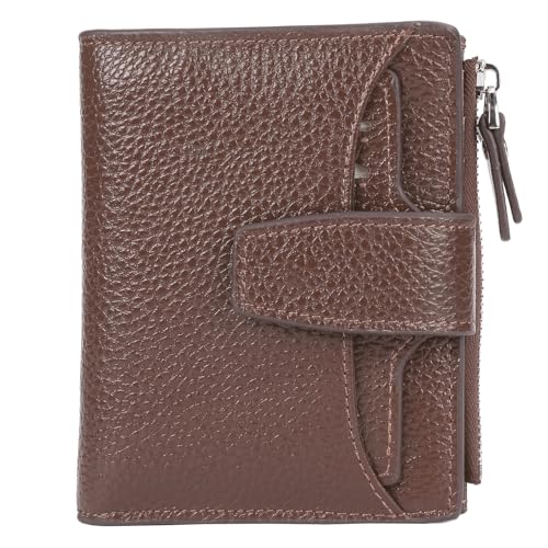 Women's RFID Blocking Leather Small Compact Bi-fold Zipper Pocket Wallet Card Case Purse with id Window - color: Lichee Coffee