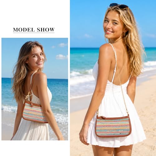 KKXIU Small Black Purse for Women, Cute Mini Shoulder Bag Zipper Closure | 2 Removable Straps, Retro Underarm Bags, Classic Crossbody Bag, Handbag for Women - color: Straw Rainbow