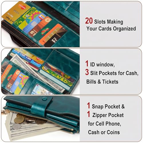 YALUXE Women's RFID Real Leather Wallet with 21 Card Slots Phone Pocket - color: 4- Waxed Greenish Blue, size: Genuine Leather