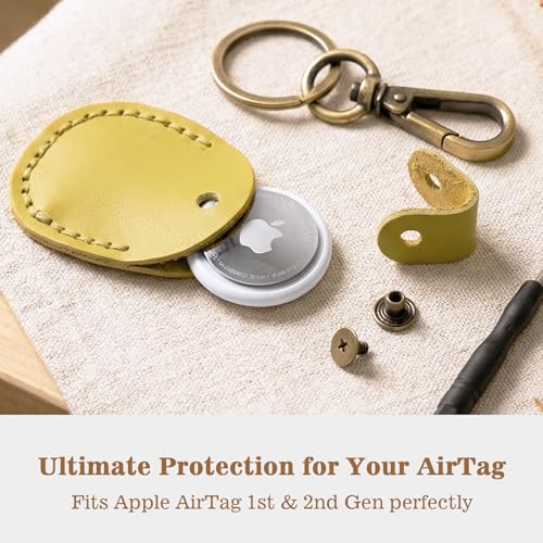 4 Pack Genuine Leather Airtag Holder Compatible with Apple AirTag Keychain 2nd & 1st Gen, Handmade Air Tag Holder with Key Rings, Hidden Airtag Case Accessories - Light Color - color: Pink/Light Blue/Yellow/True Red