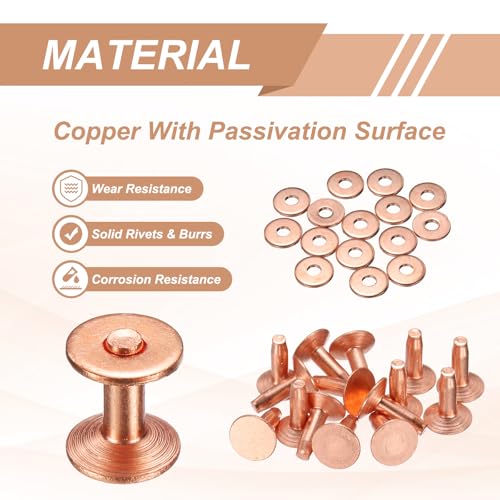 HARFINGTON 15Set Copper Rivets and Burrs Washers 9x3.3x12mm Dimpled Finish Solid Leather Rivet Fastener Studs Posts for Leather DIY Craft Belts Wallets Collars, Copper Tone - color: Copper Tone, size: 9x3.3x12mm