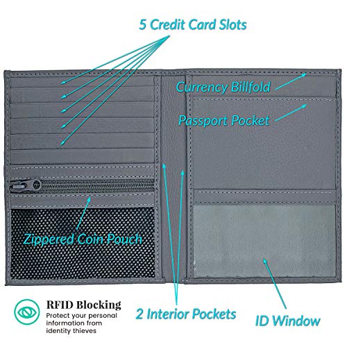 Grey RFID Genuine Leather Passport Wallet - color: Grey