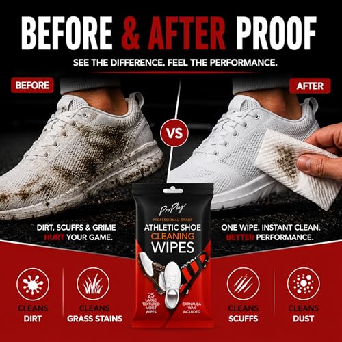 ProPlay Athletic Shoe Cleaning Wipes | Repels Water from Shoes | Powerful Cleaner Removes Dirt, Grass, and Sand | Resealable - size: 2 Pack