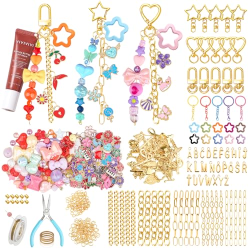 Ecoofor 364 Pcs Keychain Making Kit for Kids & Adults – Includes 20 Keychain Clips, 25 Extender Chains, 136 Charms, Beading Accessories, Jewelry Pliers – DIY Bag Charms & Jewelry Craft Kit Supplies - color: Gold-364Pcs Kit