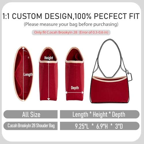 Purse Organizer Insert for Coach Brooklyn 28 Shoulder Bag, Merlot | Brooklyn 28 Bag Insert, Leather Edge, Lightweight Felt Fabric, 4 Compartments Storage, Zipper Pocket, Tote Handbag Dividers - color: Merlot