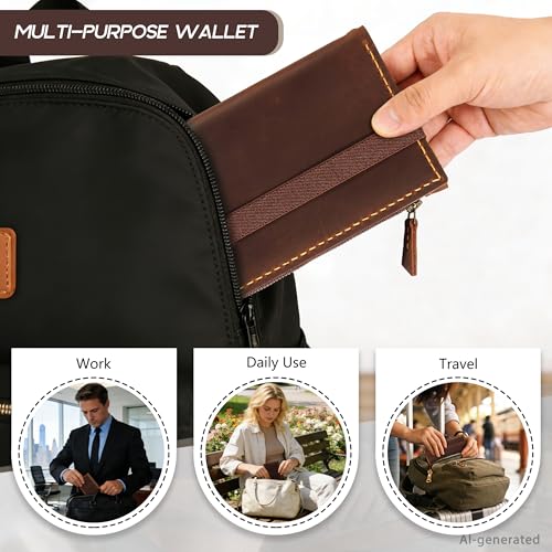 Robrasim Leather Wallet for Men and Women, Handmade Detachable Chain Wristlet Long Bifold Clutch with Large Capacity Zipper Coin Pocket (Coffee, 7.87"x4.17") - color: Coffee