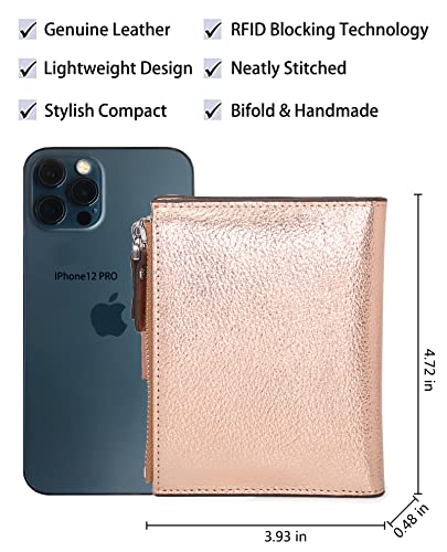 Women's RFID Blocking Leather Small Compact Bi-fold Zipper Pocket Wallet Card Case Purse with id Window - color: Lichee Champaign Gold
