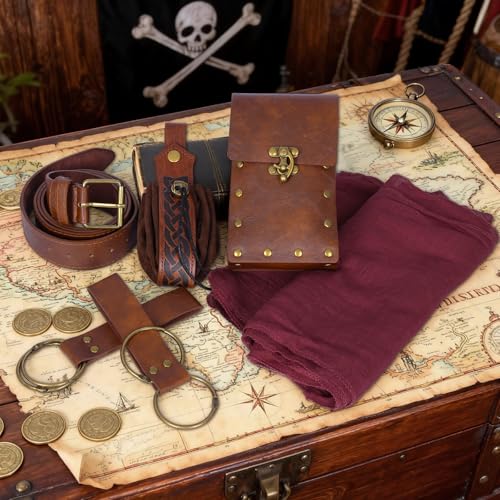 Renaissance Belt Pouch Medieval Pirate Costume Accessories Set for Cosplay | Viking Faux Leather Waist Bag, Skirt Hike Clips, Perfect for Women and Men Ren Faire, LARP, Fantasy, Halloween - color: Brown-N