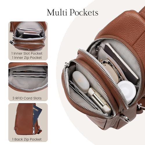 befen Genuine Leather Sling Bag for Women Anti-Theft Crossbody Chest Bags Fanny Packs for Travel with RFID Card Slots | Real Leather, Anti Theft, RFID Blocking, 3 Card Slots, Anti Pocket Bag, Multi Pockets, Travel Purse - color: Cognac Brown