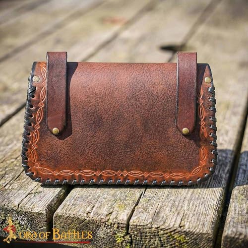 Lord of Battles Genuine Leather Messenger Belt Bag - Medieval Style Waist Bag for Cellphone, Renaissance Faire Costume Accessories (Brown)