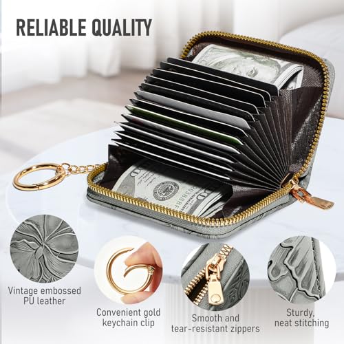 credit card holder for women，Embossed leather Rfid wallet women， KeyChain Wallet - color: Grey