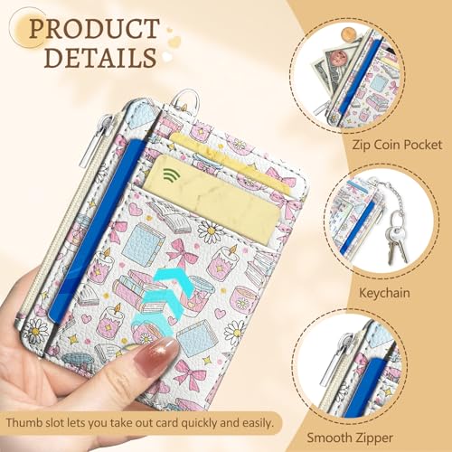 Kelvoris Credit Card Holder Small Wallet Women, Slim RFID, Book Coffee Bow | Keychain, Zipper Coin Pocket, Front Pocket Thin Travel Card Case, Minimalist, 6 Card Slots, 1 ID Window, Ladies Gifts Woman - color: Book Bow