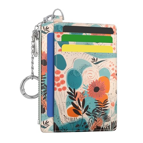 Hancynir Boho Floral Small Wallet Women Credit Card Holder, Slim RFID | Zipper Keychain Wallet, Travel Coin Front Pocket, Ladies Women Gifts, Thin Minimalist Card Case, 6 Card Slots, PU Leather - color: Abstract Keychain Wallet