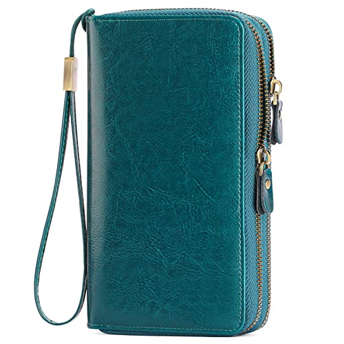 SENDEFN Leather Women Wallet RFID Blocking Zipper Around Phone Holder Clutch Wristlet Large Capacity - color: Peacock Blue
