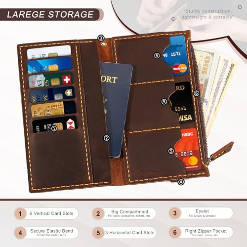 Robrasim Leather Wallet for Men and Women, Handmade Detachable Chain Wristlet Long Bifold Clutch with Large Capacity Zipper Coin Pocket (Coffee, 7.87"x4.17") - color: Coffee