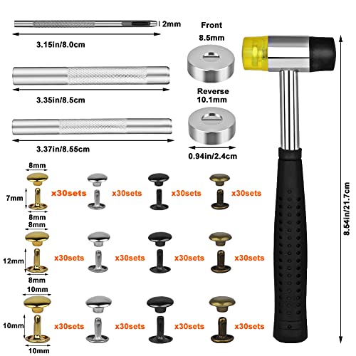 TLKKUE 360 Sets Leather Rivets 4 Colors Double Cap Rivets Tubular | 3 Sizes with Rubber Hammer Fixing Tool Kit 4 Pieces for DIY Leather Craft Clothes Shoes Decoration and Repair - color: 4 Colors 360 Sets