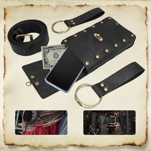 Renaissance Belt Pouch Medieval Pirate Costume Accessories Set for Cosplay | Viking Faux Leather Waist Bag, Skirt Hike Clips, Perfect for Women and Men Ren Faire, LARP, Fantasy, Halloween - color: Black
