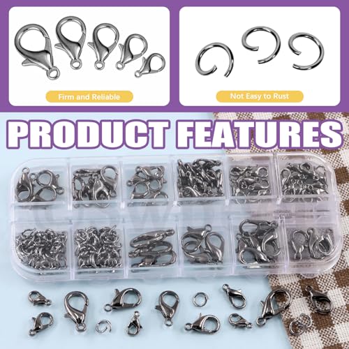 Swpeet 170Pcs Gun Black 10mm 12mm 14mm 16mm 18mm Open Jump Rings and 6mm Lobster Clasps Assortment Kit, Perfect Jewelry Findings Kit Fits for DIY Making Bookmark Pinch Bracelet Choker Necklace - color: Gun Black