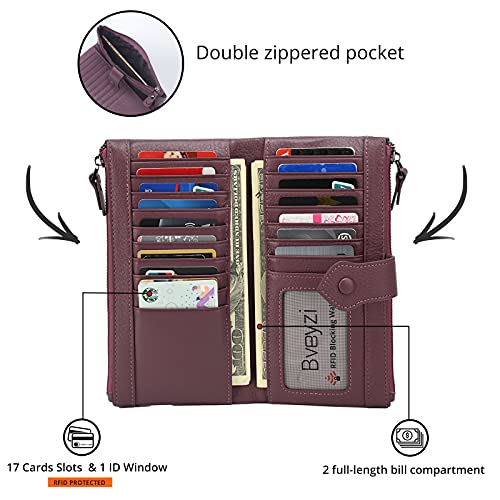 Bveyzi Women Soft Leather RFID Blocking Bifold Slim Wallets Ladies Credit Card Holder Double Zipper Pocket - color: Deep Plum