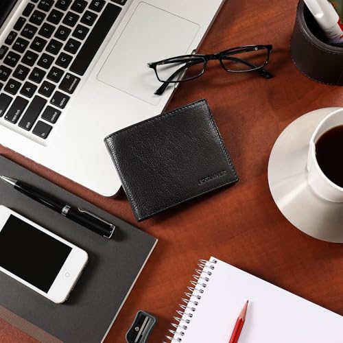 Genuine Leather Bifold Mens Wallet RFID Blocking 5 Credit Card Slots 1 ID Window 2 Sections for Bills 2 Additional Slots | Black - color: Black, size: 5 Card + 1 ID