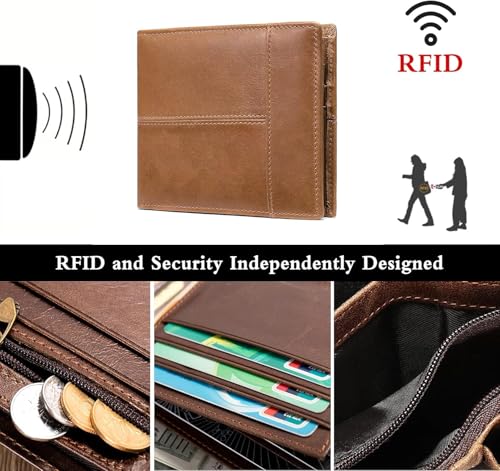 YINGWDA Wallet for Men, Large Capacity Genuine Leather Bifold RFID Blocking Wallet with Coin Pocket, Zipper Pocket Inside,14 Card Slots, Back pocket, ID Window & 2 Cash Pocket (Light Brown) - color: Light Brown