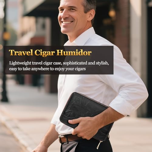 Cigar Humidor, Leather Travel Cigar Case, Portable Cigar Box with Cigar Draw Enhancer and Multifunction Cigar Cutter, Cigar Accessories Gift Set (Black) - color: Black