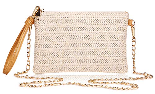 COOKOOKY Womens Straw Clutch Bag Bohemian Summer Beach Straw Purse Zipper Wristlet Wallets for Women - color: White