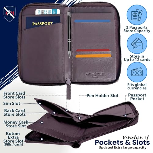 ALLEN & MATE Genuine Leather Passport Holder for Travel, RFID Blocking Travel Wallet Fits 2 Passports and 12 Cards, Zippered Document Organizer with SIM Slot and Pen Loop for Men and Women - color: Brown