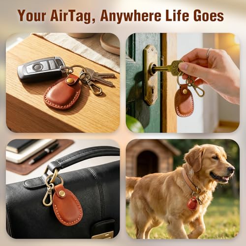 4 Pack Genuine Leather Airtag Holder Compatible with Apple AirTag Keychain 2nd & 1st Gen, Handmade Air Tag Holder with Key Rings, Hidden Airtag Case Accessories - Retro Color - color: Light Brown/Reddish Brown/Black/Purple