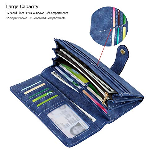 Women's Vegan Leather 17 Card Slots Card Holder Long Big Bifold Wallet - color: Navy