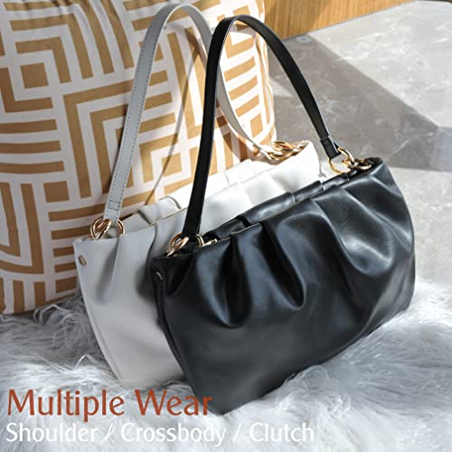 Women Ruched Shoulder Handbag Cloud Pouch Hobo Bag Convertible Clutch Soft Vegan Leather Cross body Bag - color: Black