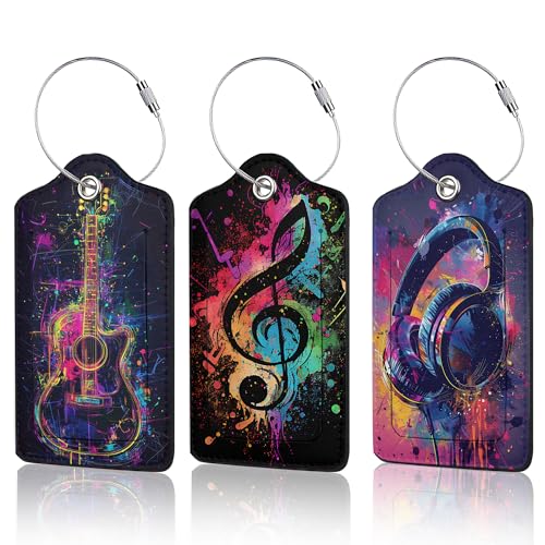 3 Pack Music Luggage Tags for Suitcases, Note Headphones Guitar Cute Leather Name Tag with Privacy Cover with Stainless Steel Loops, Travel ID Bag Tags for Women Men - color: Music