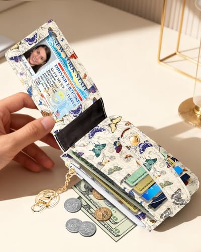 Slim Small Card Wallet for Women – Cute Card Holder Wallets with Keychain Credit RFID Blocking Holds 7 Cards, Leather Fashion Design for Female Ladies Teen Girls, Butterfly Flower