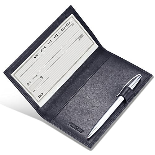 HISCOW Leather Checkbook Cover for Duplicate Checks with Pen Holder - color: Black